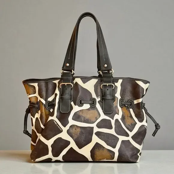 Dooney & Bourke Medium Chiara Leather Satchel Handbag Tote Brown Cream Giraffe - Picture 2 of 14